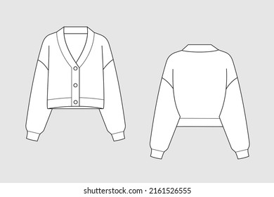 Cardigan con botones de plantilla vectorial aislados en un fondo blanco. Vista frontal y posterior. Esbozo técnico de la moda del modelo de ropa.