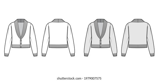 Cardigan cropped Shawl collar Sweater technical fashion illustration with long sleeves, relax body, waist length, closure. Flat apparel front, back, white grey color style. Women men unisex CAD mockup