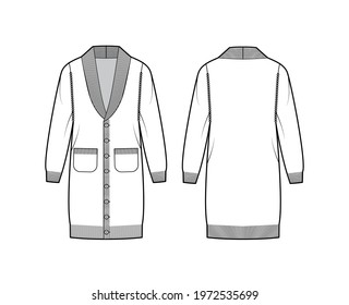 Cardigan dress Shawl collar Sweater technical fashion illustration with long sleeves, oversized body, knee length, knit trim. Flat apparel front, back, white color style. Women men unisex CAD mockup