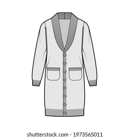 Cardigan dress Shawl collar Sweater technical fashion illustration with long sleeves, oversized body, knee length, knit rib trim. Flat apparel front, grey color style. Women men unisex CAD mockup