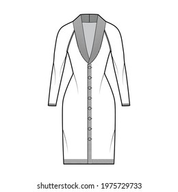 Cardigan dress Shawl collar Sweater technical fashion illustration with long raglan sleeves, fitted body, knee length, knit rib trim. Flat apparel front, white color style. Women men unisex CAD mockup