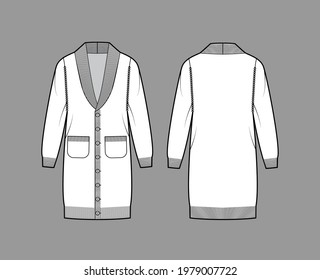 Cardigan dress Shawl collar Sweater technical fashion illustration with long sleeves, oversized body, knee length, knit trim. Flat apparel front, back, white color style. Women men unisex CAD mockup