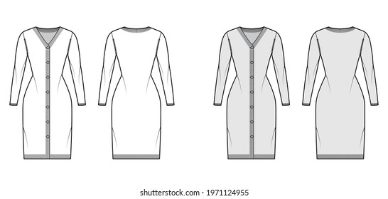 Cardigan dress Sweater technical fashion illustration with rib V- neck, long sleeves, slim fit, knit trim. Flat jumper apparel front, back, white grey color style. Women, men unisex CAD mockup