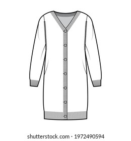 Cardigan dress Sweater technical fashion illustration with rib V- neck, long sleeves, button closure, relax fit, knit trim. Flat jumper apparel front, white color style. Women, men unisex CAD mockup