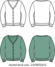 Cardigan flat sketch. Knit jacket apparel design. Front and back. White, grey, black. Men CAD mockup. Fashion technical drawing. Vector illustration.