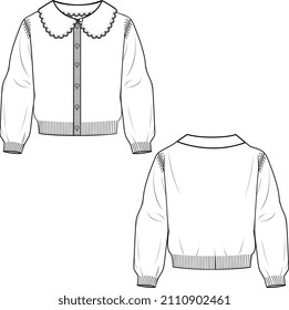 CARDIGAN REMOVEABLE COLLAR SWETAR AND SWEAT TOPS FOR KID GIRLS VECTOR FLAT SKETCH FRONT AND BACK