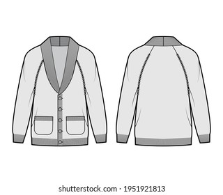 Cardigan Shawl collar Sweater technical fashion illustration with long raglan sleeves, oversized, hip length, button closure. Flat apparel front, back, grey color style. Women, men unisex CAD mockup