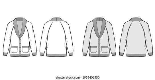 Cardigan Shawl collar Sweater technical fashion illustration with oversized, hip length, knit rib trim, button closure. Flat apparel front, back, white grey color style. Women, men unisex CAD mockup