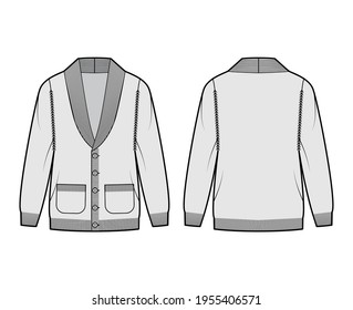 Cardigan Shawl collar Sweater technical fashion illustration with long sleeves, oversized, hip length, knit rib trim, button closure. Flat apparel front, back, grey color style. Women, men CAD mockup