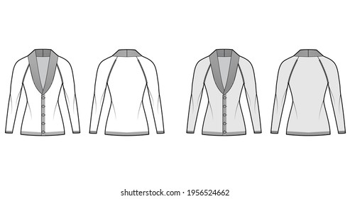 Cardigan Shawl collar Sweater technical fashion illustration with long raglan sleeves, fitted body, hip length, button closure. Flat front, back, white grey color style. Women men unisex CAD mockup