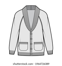 Cardigan Shawl collar Sweater technical fashion illustration with long raglan sleeves, oversized, hip length, knit rib trim, button closure. Flat apparel front grey color. Women, men unisex CAD mockup