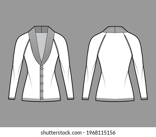 Cardigan Shawl collar Sweater technical fashion illustration with long raglan sleeves, fitted body, knit rib trim, button closure. Flat apparel front, back, white color style. Women unisex CAD mockup