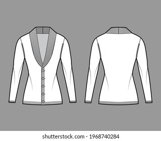 Cardigan Shawl collar Sweater technical fashion illustration with long sleeves, fitted body, hip length, knit rib trim, button. Flat apparel front, back, white color style. Women men unisex CAD mockup