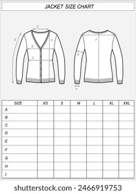 Tabla de tallas de cárdigan. Chaqueta de punto delante y detrás boceto. Medidas de ropa. Mujer CAD maqueta. Ilustración vectorial de Plantilla de plano técnico