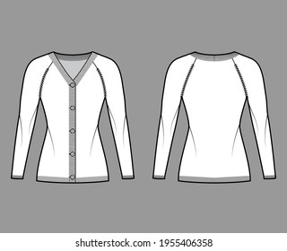 Cardigan Sweater technical fashion illustration with rib V- neck, long raglan sleeves, button closure slim fit, knit trim. Flat jumper apparel front, back, white color style. Women, unisex CAD mockup