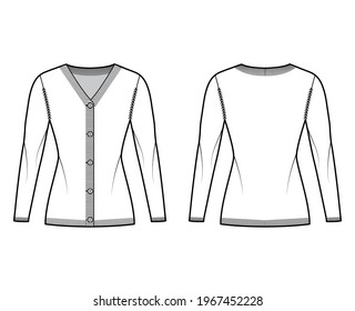 Cardigan Sweater technical fashion illustration with rib V- neck, long sleeves, button closure slim fit, knit trim. Flat jumper apparel front, back, white color style. Women, men unisex CAD mockup