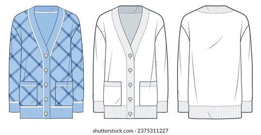 Cardigan Sweater technical fashion illustration, plaid design. Sweatshirt fashion flat technical drawing template, button down, pocket, front, back view, white, blue, women, men, unisex CAD mockup set