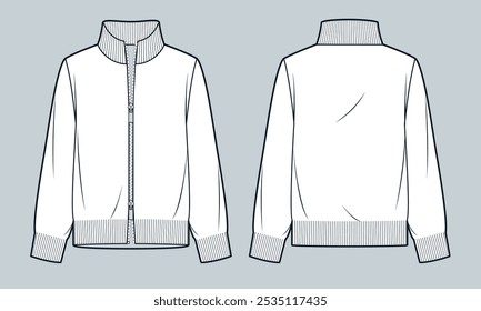 Cardigan Sweater technical fashion illustration. Roll Neck Sweatshirt fashion flat technical drawing template, front zipper, relaxed fit, front and back view, white, women, men, unisex CAD mockup.