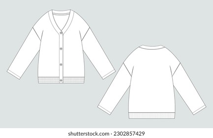 Cardigan technical drawing fashion flat sketch vector illustration template front and back isolated on grey background