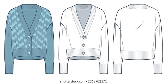 Cardigan technical fashion illustration, blue design. Sweatshirt fashion flat technical drawing template, v neck, button down, front and back view, white, women, men, unisex CAD mockup set.