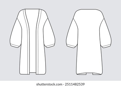 Cardigan Plantilla de Vector aislado en un transparente. Modelo femenino. Vista frontal y trasera. Esbozo de boceto técnico de moda de modelo de ropa.