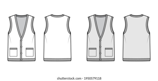 Cardigan vest sweater waistcoat technical fashion illustration with sleeveless, rib knit V-neckline, button closure. Flat template front, back, white, grey color style. Women, men, unisex CAD mockup