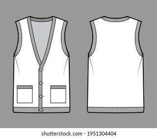 Cardigan vest sweater waistcoat technical fashion illustration with sleeveless, rib knit V-neckline, button closure, pockets. Flat template front, back, white color style. Women, men top CAD mockup