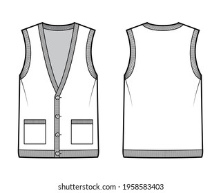 Cardigan vest sweater waistcoat technical fashion illustration with sleeveless, rib knit V-neckline, button closure, pockets. Flat template front, back, white color style. Women, men top CAD mockup