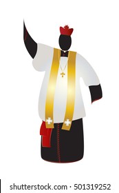 Cardinal, abstract silhouette of a traditional choral vestments cleric in a cassock or soutane, with a biretta hat, surplice and a stole. Color vector illustration.