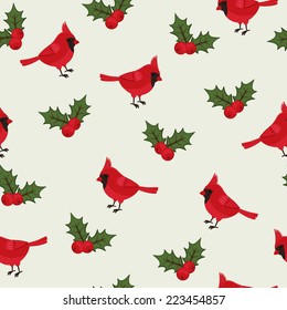 Cardinal bird beautiful seamless with holly berries