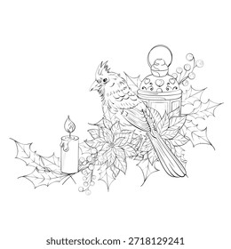Cardinal pájaro vela linterna invierno acebo y plantas de Poinsettia en acogedora obra de arte festivo de temporada perfecto para colorear y decoración