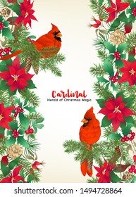 Cardinal bird and Christmas wreath of spruce, pine, poinsettia, dog rose, mistletoe, fir. Template for card, banner, gift voucher, label. Colored vector illustration.	
