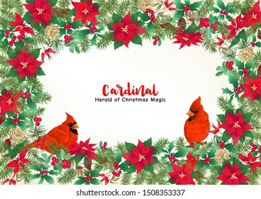 Cardinal bird and Christmas wreath of spruce, pine, poinsettia, dog rose, mistletoe, fir. Template for card, banner, gift voucher, label. Colored vector illustration.	