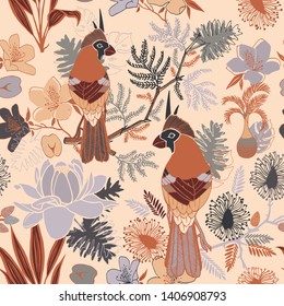 
Cardinal bird in exotic plants - mimosa pudica, monstera, palm, etlingera and others. Seamless pattern, decorative for surface design