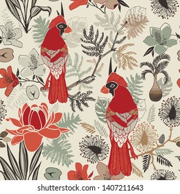 Cardinal bird in exotic plants - mimosa pudica, monstera, palm, etlingera and others. Seamless pattern, decorative for surface design