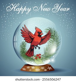 Cardinal bird in a glass ball.Vector Christmas illustration with cardinal bird in glass ball on fir branches.