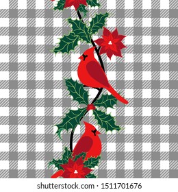 

Cardinal bird, holly leaves and poinsettia flowers. Festive seamless pattern on a checkered background. Vector illustration.  
