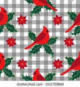 

Cardinal bird, holly leaves and poinsettia flowers. Festive seamless pattern on a checkered background. Vector illustration.  
