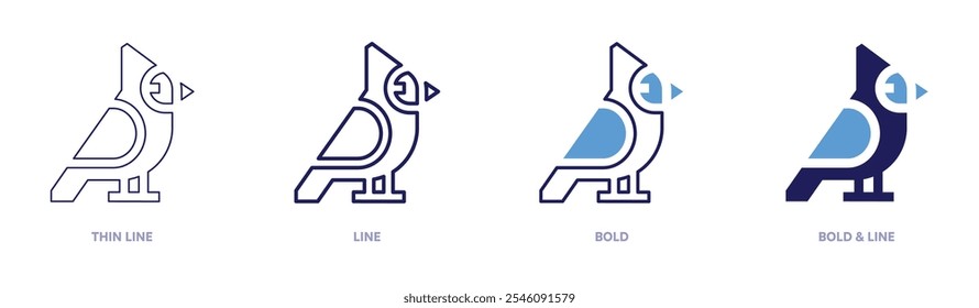 Cardeal ícone pássaro em 4 estilos diferentes. Linha fina, Linha, Negrito e Linha Negrito. Estilo duotônico. Traçado editável.