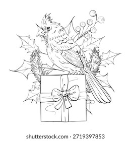 Pájaro cardenal en una caja de regalo rodeada de acebo y bayas festivas Diseño intrincado y alegre perfecto para celebraciones de Festiva y actividades para colorear