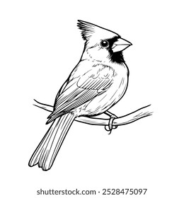 Cardinal bird perched on a branch in black and white line art. A detailed black and white illustration of a cardinal bird sitting on a branch, showcasing elegant line work