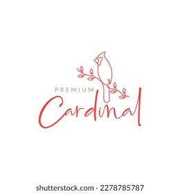 cardinal bird perched tree twig leaves feminine line art logo design vector