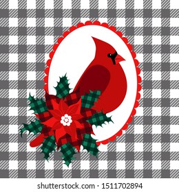 
Cardinal Bird , Poinsettia and holly leaves. Christmas card. Festive vector illustration on a checkered background.