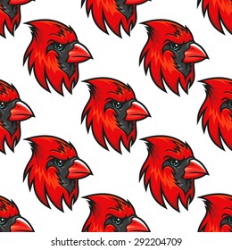 Cardinal bird red heads seamless pattern with crest and black mask in cartoon style for holiday or textile design