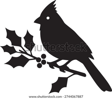 Cardinal Bird Silhouette Perched on Holly Branch, Winter Songbird Vector Illustration, Christmas Bird Icon Isolated on White