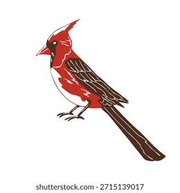 Pájaro cardenal en un estilo simple dibujado a mano. Arte retro festivo en colores rojo y marrón. Vector ilustración caprichosa para tarjetas de vacaciones, etiquetas, embalaje, pegatinas aisladas en blanco