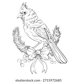 Pájaro cardenal rodeado de corona festiva con arco delineado en estilo simple perfecto para colorear creativo Festiva Decoración o proyectos de arte