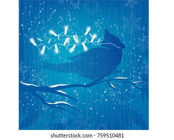 Cardinal Bird White Christmas Lights on Blue Background with Stars
