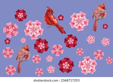 Cardinal birds and cherry flowers watercolor illustration. Print for greeting card, wallpaper, fabric, wrapping paper, banner. Vector illustration in a watercolor style.
