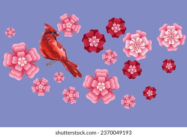 Cardinal birds and cherry flowers watercolor illustration. Print for greeting card, wallpaper, fabric, wrapping paper, banner. Vector illustration in a watercolor style.
